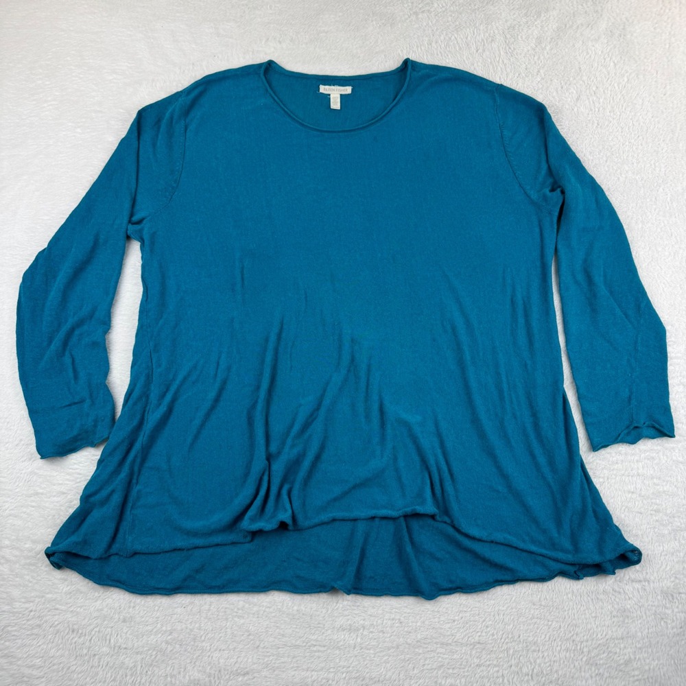 Eileen Fisher Organic Linen Blend Sweater Womens XL Teal Blue High Low Hem